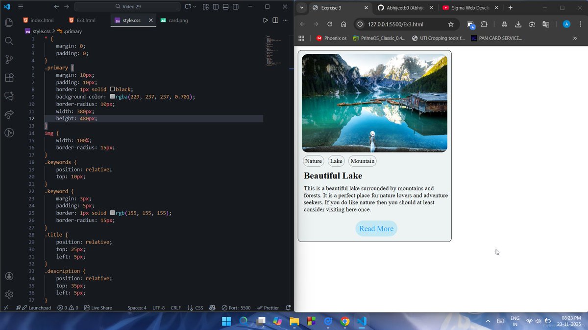 Abhijeetb0's tweet image. 🚀 Day 17/100 - #100DaysOfCode
20-11-2025
What I learnt 👨🏻‍💻 today - 
⭕Web Dev :-
✅ Made a simple card using HTML
✅ Styled it with CSS
#letsconnect #WebDevelopment #LearnInPublic