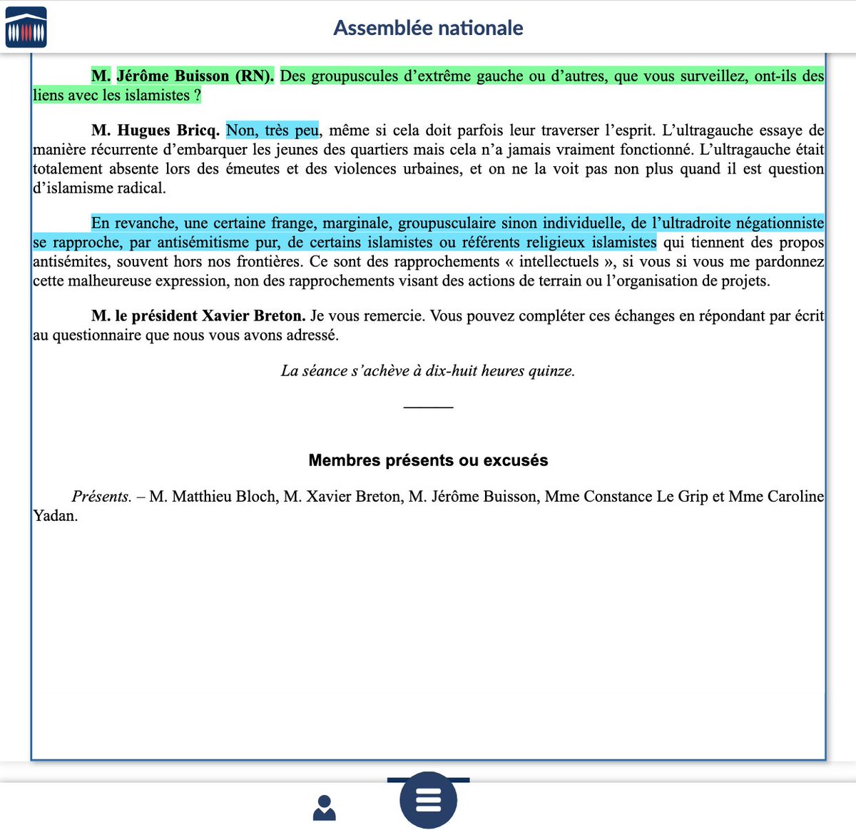 Le RN demande en commission à Hugues Bricq, directeur du renseignement, s’il existe un lien entre la gauche et les islamistes.
Il leur répond que non, mais qu’il existe un lien entre l’extrême droite antisémite et les islamistes. 😏

Et évidemment, ils ne postent pas la vidéo. 🤣