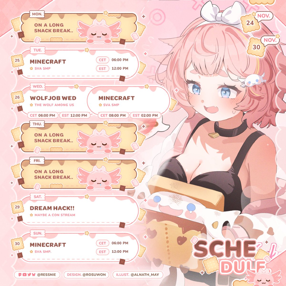 Ressniee's tweet image. 🍡 another normie schedule !! 🍡

| officially a minecraft streamer again 
| i blame SVA &amp;gt;:c 

|#RessnIllust
| 🗓️: @/Rosuwon
| 🎨: #alnath_may