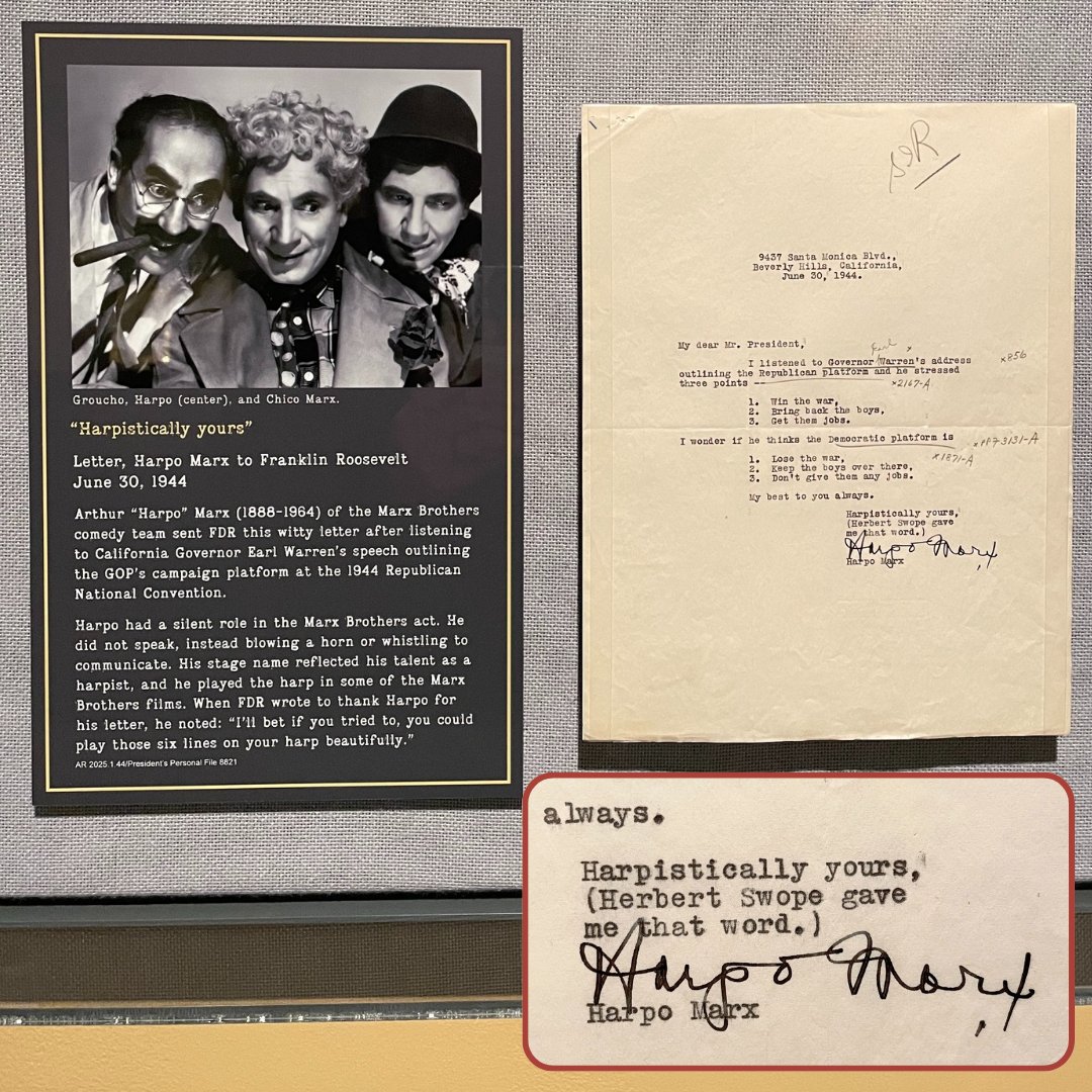 FDRLibrary's tweet image. Harpistically Happy Birthday to comedian Arthur &quot;Harpo&quot; Marx!

See this letter from Marx to FDR and much more on display in our current exhibition &quot;SIGNATURE MOMENTS: Letters From the Famous, the Infamous, and Everyday Americans.&quot; Open through July 7, 2026.

#FDRSignatureMoments