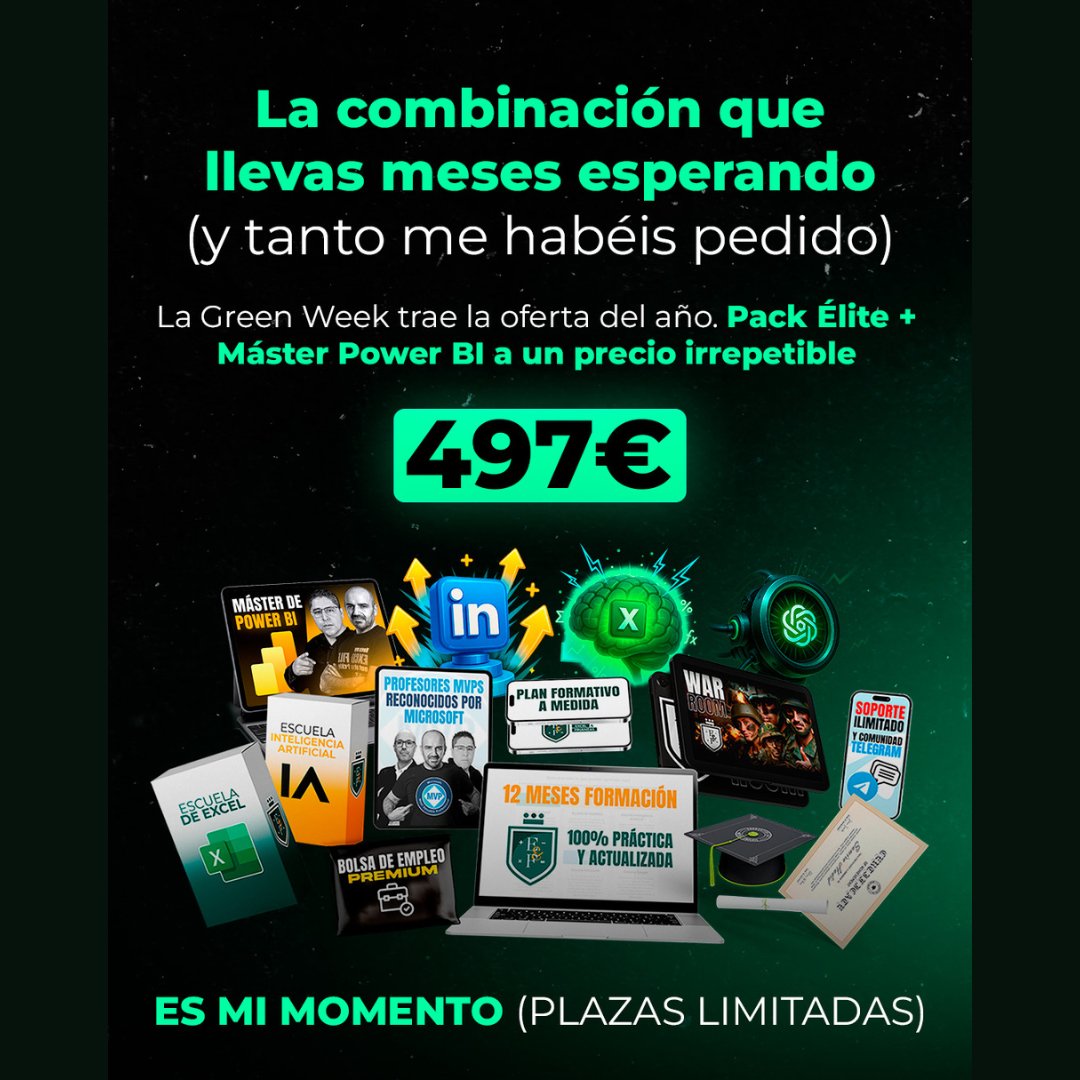 excelyfinanzas's tweet image. Hay personas que esperan a que las cosas cambien.
Y personas que cambian las cosas ✨

Excel PRO, IA 🤖 y Power BI no son herramientas: son una identidad profesional.

Aquí tienes tu cambio 👉 go.excelyfinanzas.com/green-week/
 
#Excel #PowerBI #IA #DataSkills