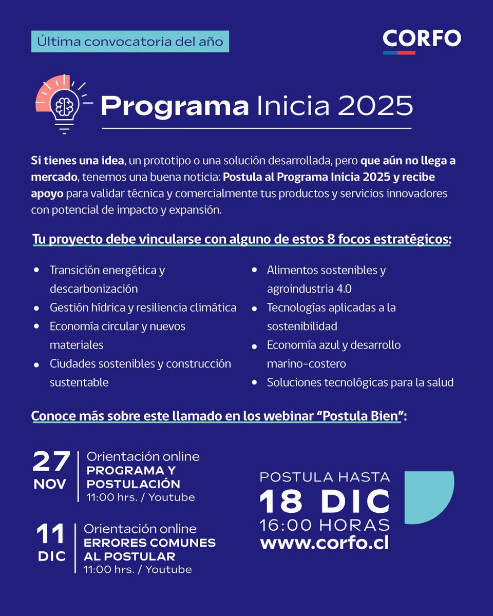 ✅️ Abrimos la nueva convocatoria de Inicia 2025 📣 Este llamado busca apoyar soluciones sostenibles y con potencial de  escalamiento 🌱 

➡️ Más información 👉 corfo.cl/sites/cpp/conv… 

➡️ Postula bien 👉 en el canal de YouTube de #Corfo