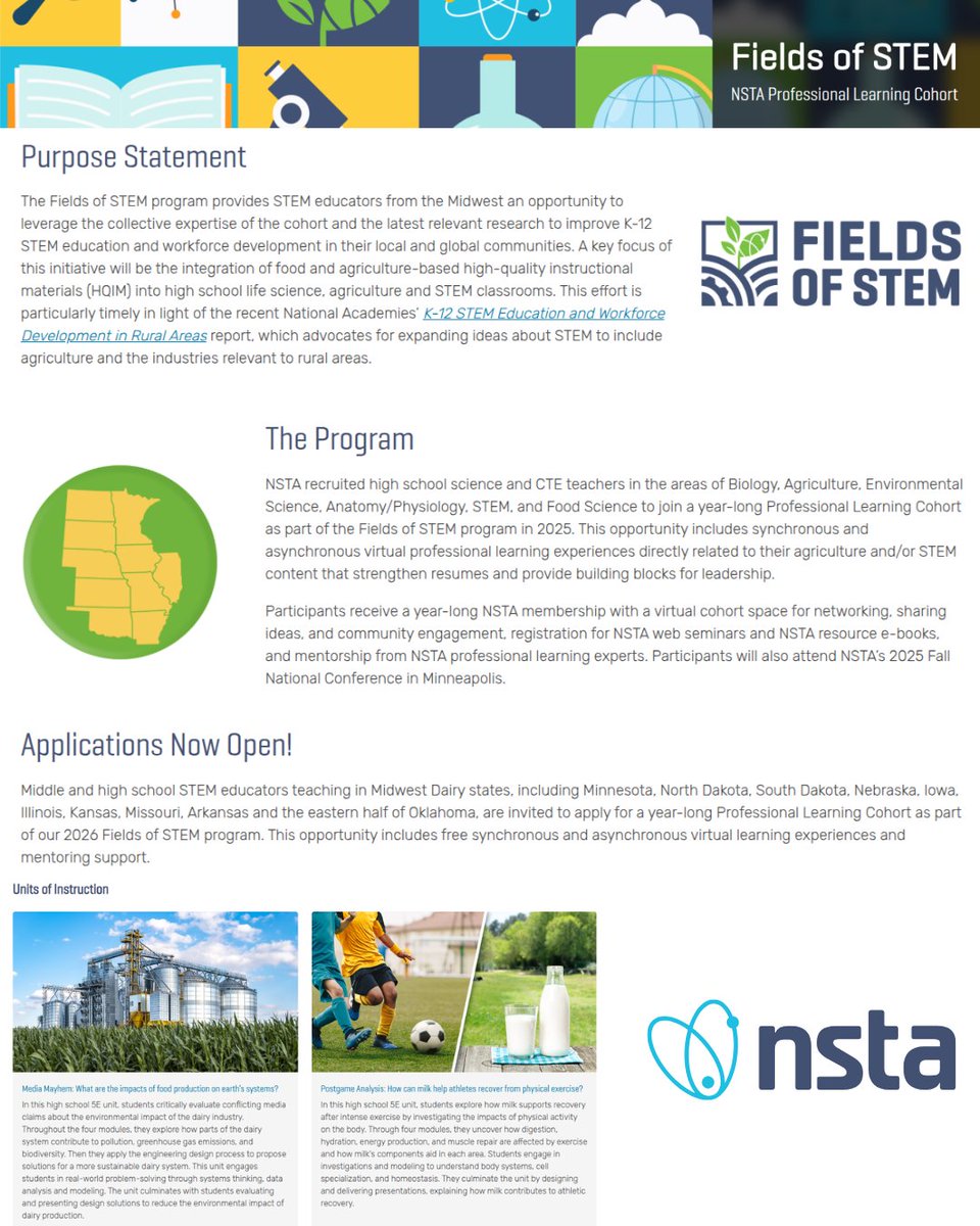 ILSciTeaching's tweet image. 🌟 Middle &amp;amp; high school STEM educators! Join the 2026 Fields of STEM Cohort with FREE virtual learning &amp;amp; mentoring. Focus: agriculture-based materials in life science &amp;amp; STEM classrooms.

📅 Apply by Dec 7: nsta.org/fields-of-stem
#STEM #NGSS #ScienceTeachers #NSTA #ISTA