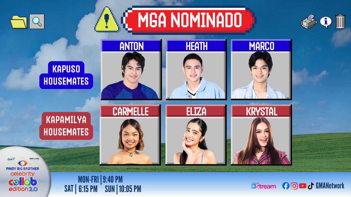 #PBBCollab20SecondNomi: Sina Anton, Heath, Marco, Carmelle, Eliza, at Krystal ang mga nominado ngayong linggo! 🔥

Watch #GMAPBBCollab on weeknights at 9:40 PM, Saturdays at 6:15 PM, and Sundays at 10:05 PM on GMA Network. 

For PBB All-Access Livestream, visit: