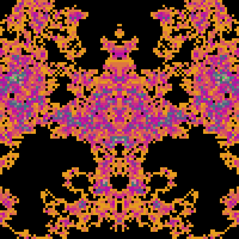 PatternRandom's tweet image. Low-res mirrored palettewalk
iterations=8222,levels=23,seed=1111834869,cols=7,c1=e79d1e,c2=c307a7,c3=337c7d,c4=ef9490,c5=24da4e,c6=75467c,c7=2b7c3f