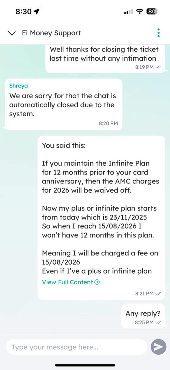_desaishashank's tweet photo. This is @Bank_on_Fi support for everyone trying to make an account with such an organisation.
I hold infinite plan where they ask to deposit 50,000 and promise "Priority customer care support"

This is their priority support: No call option, Waiting 10mins + to get a reply https://t.co/vLw8PHmPnD