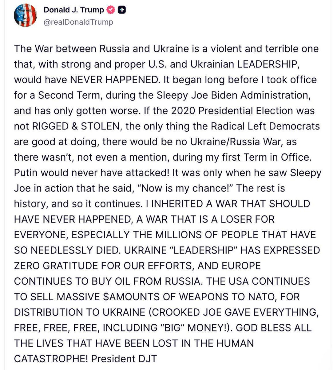 BREAKING: Donald Trump SLAMS Zelensky’s regime for expressing ‘ZERO GRATITUDE’ for the US’ negotiations with Russia to end the Ukraine proxy war. 

The clock has almost reached midnight for Zelensky.