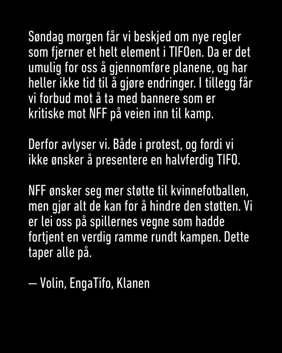 Engatifo's tweet image. Under dagens cupfinale skulle vi hatt to TIFOer. De er avlyst.

NFF kveler tribunekulturen! Tilgi dem ikke; de vet hva de gjør!