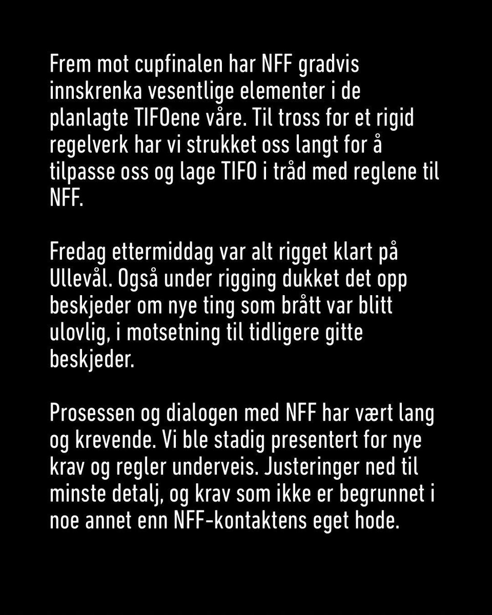 Engatifo's tweet image. Under dagens cupfinale skulle vi hatt to TIFOer. De er avlyst.

NFF kveler tribunekulturen! Tilgi dem ikke; de vet hva de gjør!
