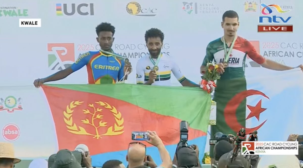 michael_teclai's tweet photo. YES! YES! YES! Eritrean National Team 🇪🇷 3 GOLD, 5 SILVER, 2 BRONZE! 
This is what supremacy looks like at the African Championships. 🥇🥈🥉 Viva Eritrea—the continent's cycling powerhouse! Time to celebrate! 🎉

#Eritrea #Eritrea @hawelty https://t.co/qepgN7DkJS