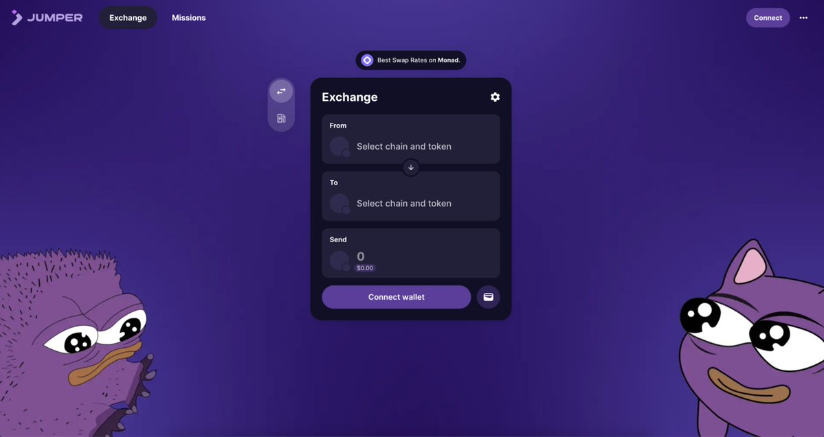 JumperExchange's tweet image. Be the first to swap into @monad tomorrow.

Use Jumper to get the best swap rates across ALL major Monad DEXs and bridges.

Make. The. Jump 💜