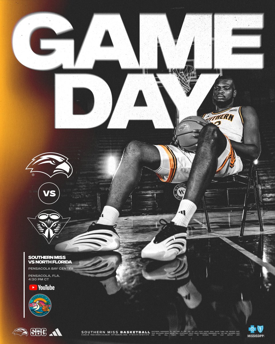 Championship Sunday 😈

🆚 » UT Martin
📍 » Pensacola Bay Center
⏰ » 4:30 PM
📺 » YouTube
ℹ️ » linktr.ee/southernmissmbb