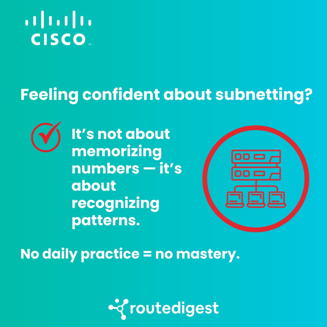 RouteDigest's tweet image. Subnetting isn’t scary — it’s repetition and pattern recognition.

🔥 One subnet a day keeps exam stress away.

Which CIDR block do you still mix up the most? 👇

#CiscoCCNA #CiscoCCST #Subnetting #CiscoTraining #NetworkingBasics #ExamPrep #CiscoStudy #ITCertification
