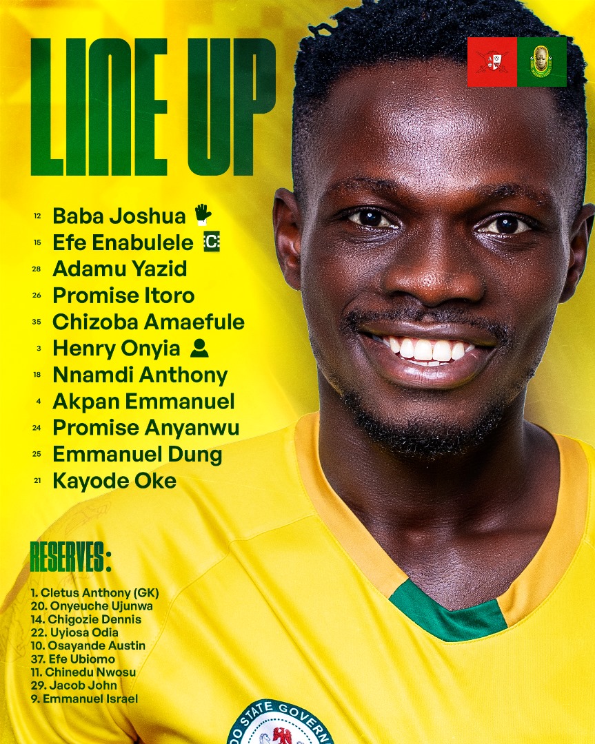 bendelinsurance's tweet photo. ⚽🟡🟢 Our lineup against Abia Warriors FC in today's clash.

kindly support us. Victory is sure💪⚽

Adaa...Bendel ...

#NPFL26
#MD12
#PLABEN https://t.co/hRuSgzc4vk