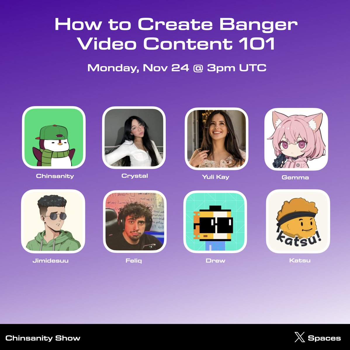 chinsanity's tweet image. This week on Chinsanity Show spaces!  

Let&apos;s learn how to create top quality videos with some amazing video content creators. 

Some topics we might cover:  
- How to create video content 
- How to clip 
- What camera and video editing software to use? 
- Do @Jimidesuuu and…