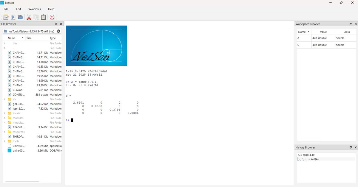 Nelson_software's tweet image. 🚀 Nelson 1.15 introduces the tilde syntax!
Now you can ignore specific outputs from functions that return multiple values.
#stem #Software #Engineering #HPC #DataScience #DataAnalysis #programming #scientific #coding #OSS #Numerical #GNUoctave #scilab #Matlab #NelsonLang