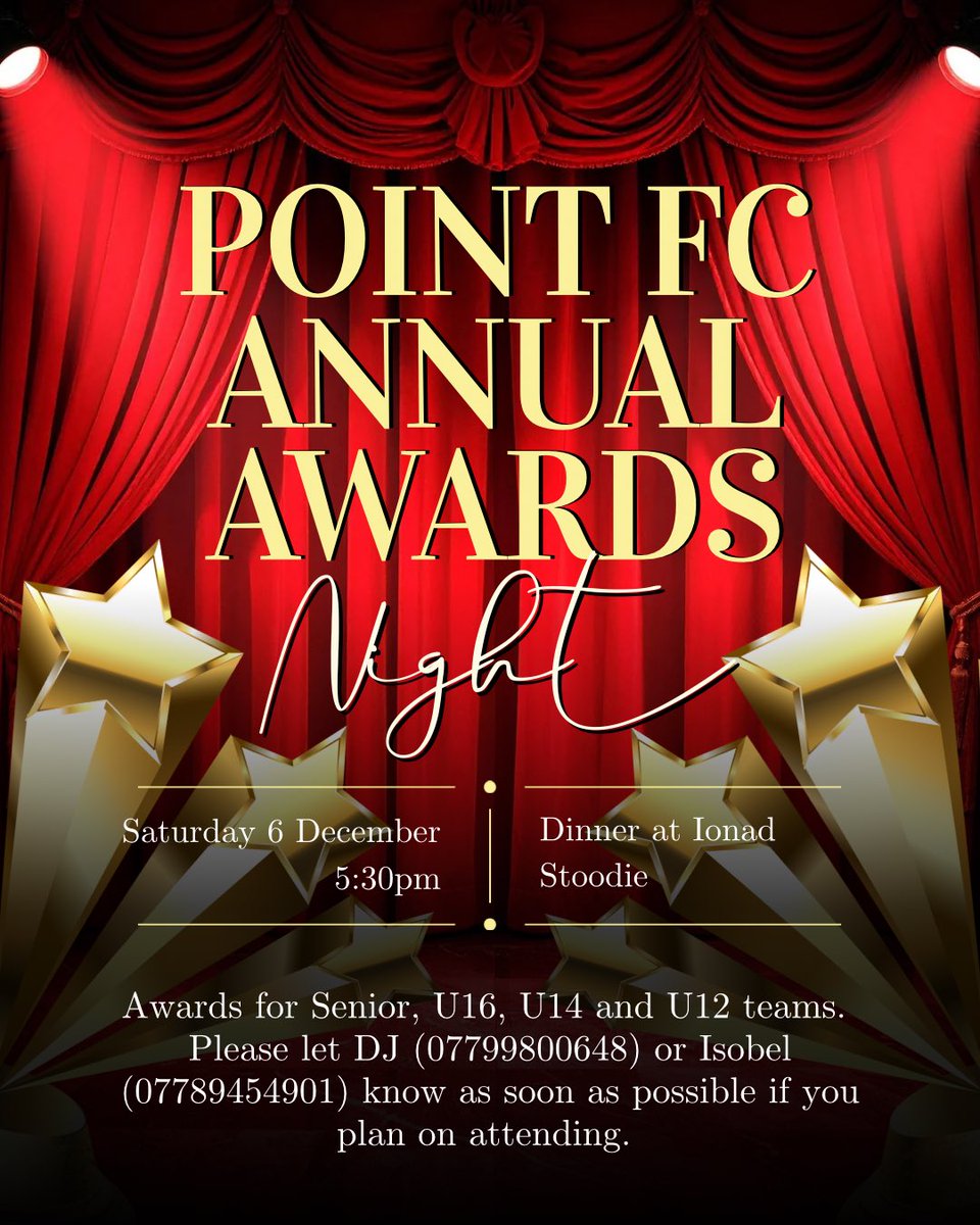The club will be hosting their annual awards on Saturday 6 December. 

Please let DJ or Isobel know as soon as possible if you plan to attend.