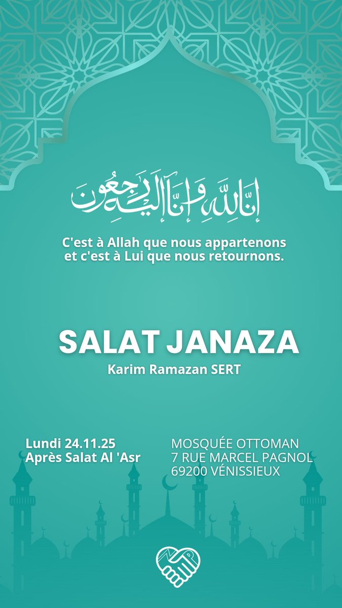 إنا لله وإنا إليه راجعون

Notre frère Karim Ramazan nous a quittés. Puisse Allah lui accorder Sa miséricorde et Son pardon 🤲🏼 

Sa salat janaza aura lieu demain lundi 24.11 après salat Al 'asr à la mosquée Ottoman, 7 rue Marcel Pagnol 69200 Vénissieux.

Des douaas svp.