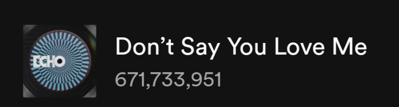 minygthv7's tweet image. Don&apos;t Say You Love Me — Spotify Counter

11/18 — 3,049,809
11/19 — 3,099,661
11/20 — 3,065,796
11/21 — 2,895,189
11/22 — 2,854,629 (-40,560)🔻‼️

Total: 671,733,951