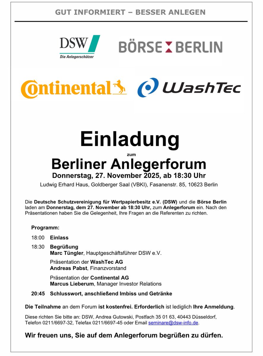 Berlin is calling 🚨

Am Donnerstag findet in Berlin gemeinsam mit der <a href="/BoerseBerlinAG/">Börse Berlin</a> unser DSW-Anlegerforum mit <a href="/Continental/">Continental</a> und #WashTec statt. 

Ihr seid alle herzlich willkommen.

Die Teilnahme ist kostenlos möglich.
Einfach kurze Mail an seminare@dsw-info.de oder DM hier.