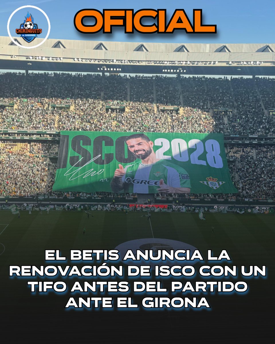 🤯 ¡¡¡LO NUNCA VISTO!!! 🤯

📋 El Betis anuncia la RENOVACIÓN de ISCO con un TIFO en LA CARTUJA antes del partido ante el Girona.

🔙 Lo adelantó <a href="/GonzaloTortosa/">Gonzalo Tortosa</a> el pasado 27 de agosto.