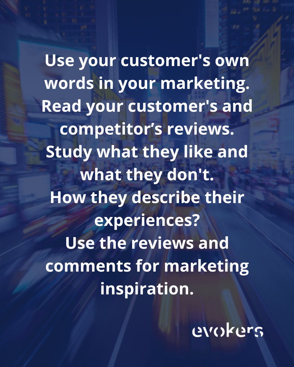 evokersbranding's tweet image. Use your customer's own words in your marketing.
Read your customer's and competitor’s reviews.
Study what they like and what they don't.
How they describe their experiences?
Use the reviews and comments for marketing inspiration.

We create global #brands evokers.gr
