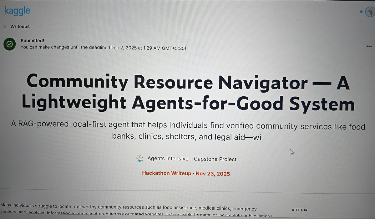 chandana_twt's tweet image. Submitted my capstone project for the @Google hackathon for agents.

Completed this using ChatGPT and Gemini within 1 day, looking forward to seeing how this goes!!