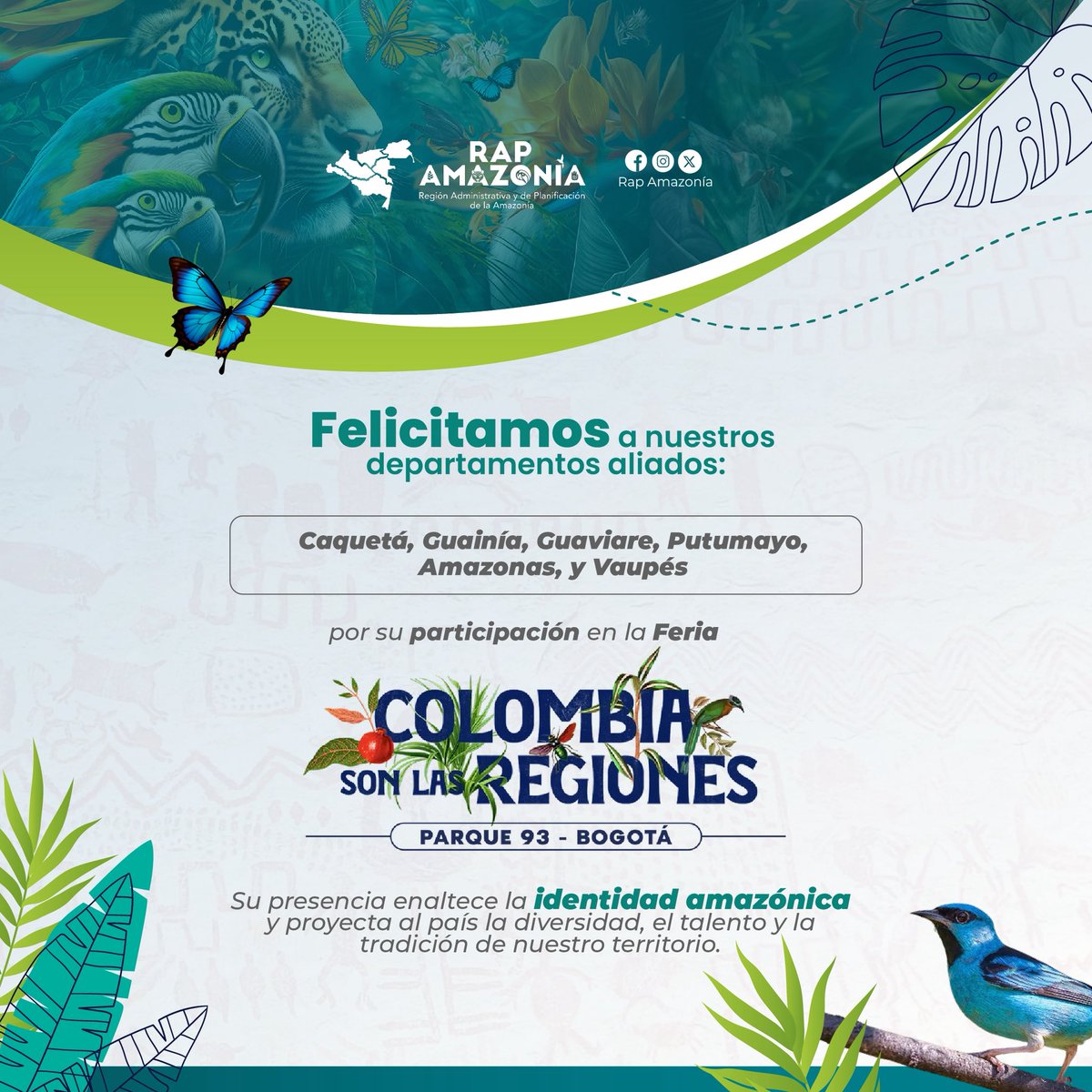 ¡Orgullo Amazónico! 👏🏻 Felicitamos a Caquetá, Guainía, Guaviare, Putumayo, Amazonas y Vaupés por su participación en la Feria Colombia son las Regiones en el parque de la 93 en Bogotá.

Su presencia resalta la diversidad, cultura e identidad de nuestra Amazonía. 💚🌿
