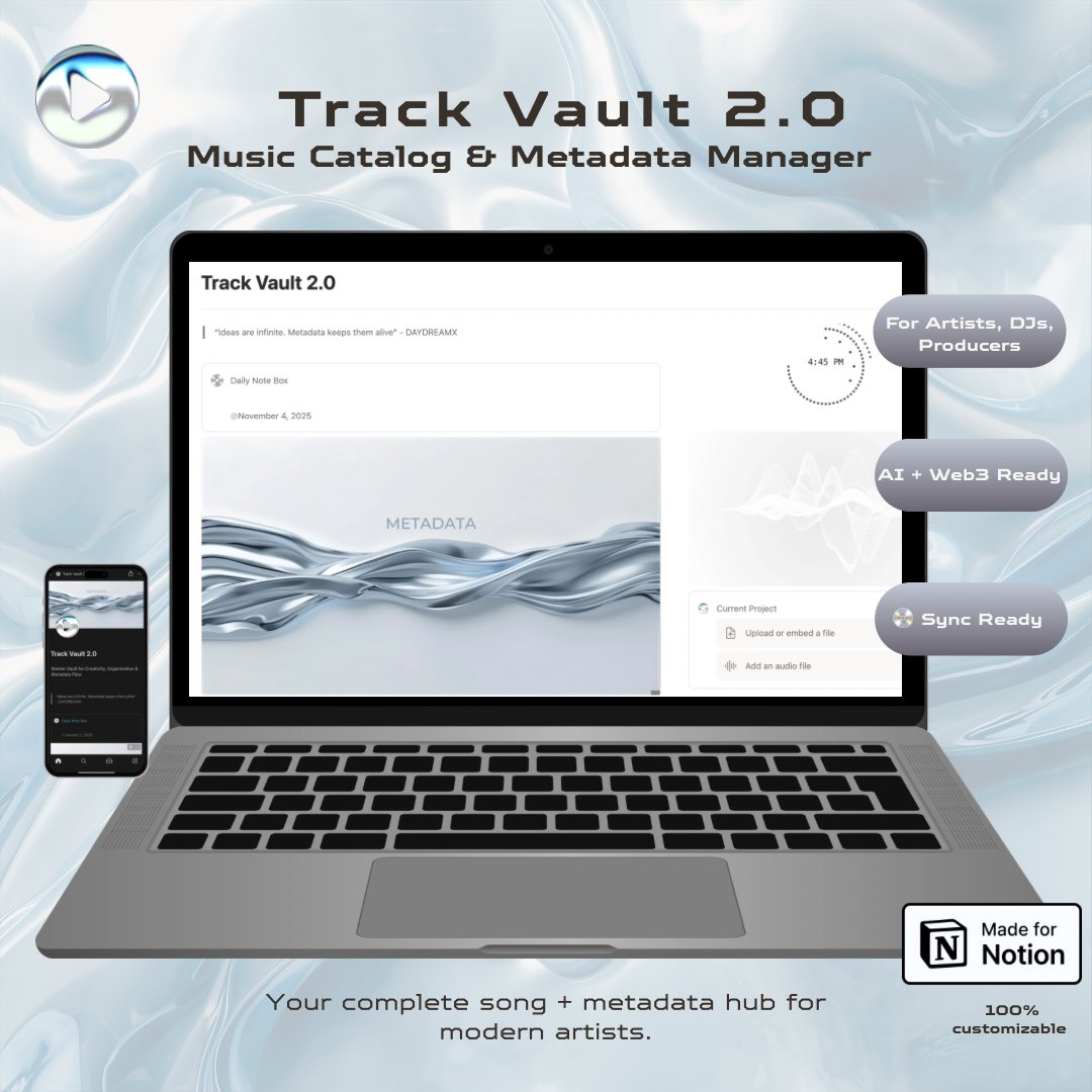 Serenaelis_'s tweet image. Track Vault 2.0 
Music catalog &amp;amp; metadata manager.
Built for #artists, #DJs + #producers.
#Web3 + #AI ready. #aimusic 
Dropping soon !