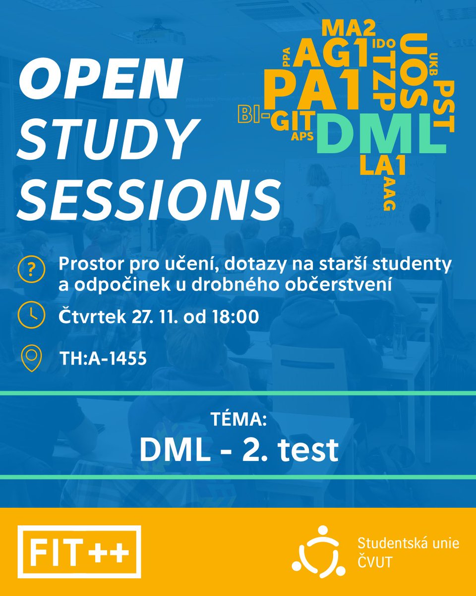klubFITpp's tweet image. Přemýšlíš jak nastartovat svůj akademický comeback? Tak se stav na příští OSS, kde se společně připravíme na druhý test z DML.

Probereme vše od indukce, přes množiny a zobrazení až po teorii čísel tak, že ti nic jiného než 25 bodů nehrozí. Budeme se těšit!