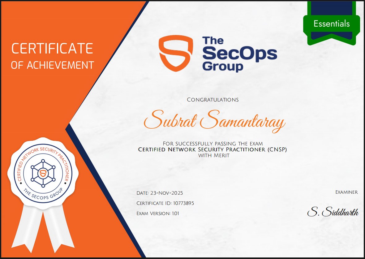0xSubrat's tweet image. Just passed the Certified Network Security Practitioner (CNSP) exam with Merit (90%)!

Huge thanks to @TheSecOpsGroup for the opportunity.

Learned about networking, cryptography, OSINT, network security &amp;amp; more.

#Cybersecurity #CNSP #SecOps #Infosec #Hacking  #Certification