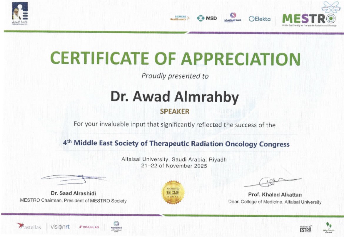Mph_Awad's tweet image. بحضور نخبة من الخبراء والمختصين، سعدت بالمشاركة كمتحدث في مؤتمر جمعية الشرق الأوسط للعلاج الإشعاعي والأورام @Mestro_Org في رحاب @Alfaisaluniv، حيث تمت مناقشة أحدث المستجدات في الذكاء الاصطناعي والتقنيات الحديثة للعلاج الاشعاعي للأورام.

كل الشكر والتقدير لرئيس المؤتمر…
