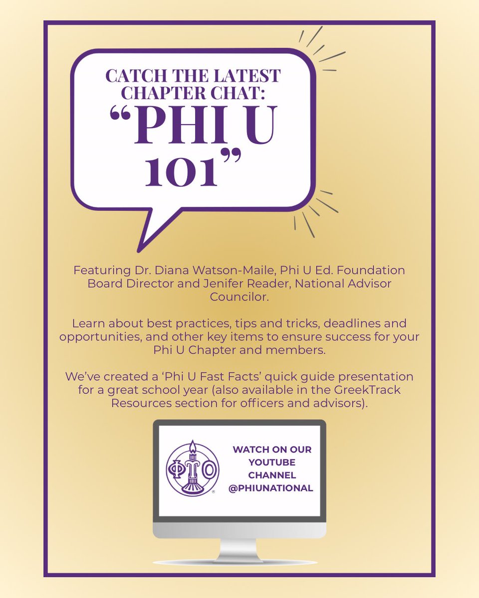 Our latest Chapter Chat, 'Phi U 101' is now live on our YouTube channel! It's the perfect resource for advisors and officers looking to make this year a success! ✨

Find us on YouTube at @phiunational or use the link in our bio!