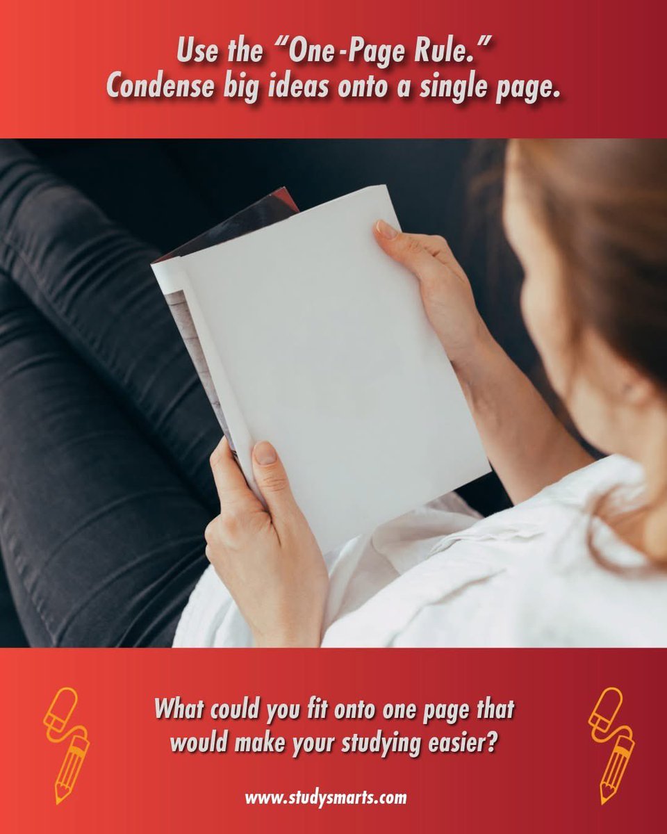 StudySmarts's tweet image. Use the “One-Page Rule.”

Condense big ideas onto a single page. 
Summarizing forces your brain to focus on essentials and discard distractions.

What could you fit onto one page that would make your studying easier?

#FocusFuel #StudySmart #LearningEdge
