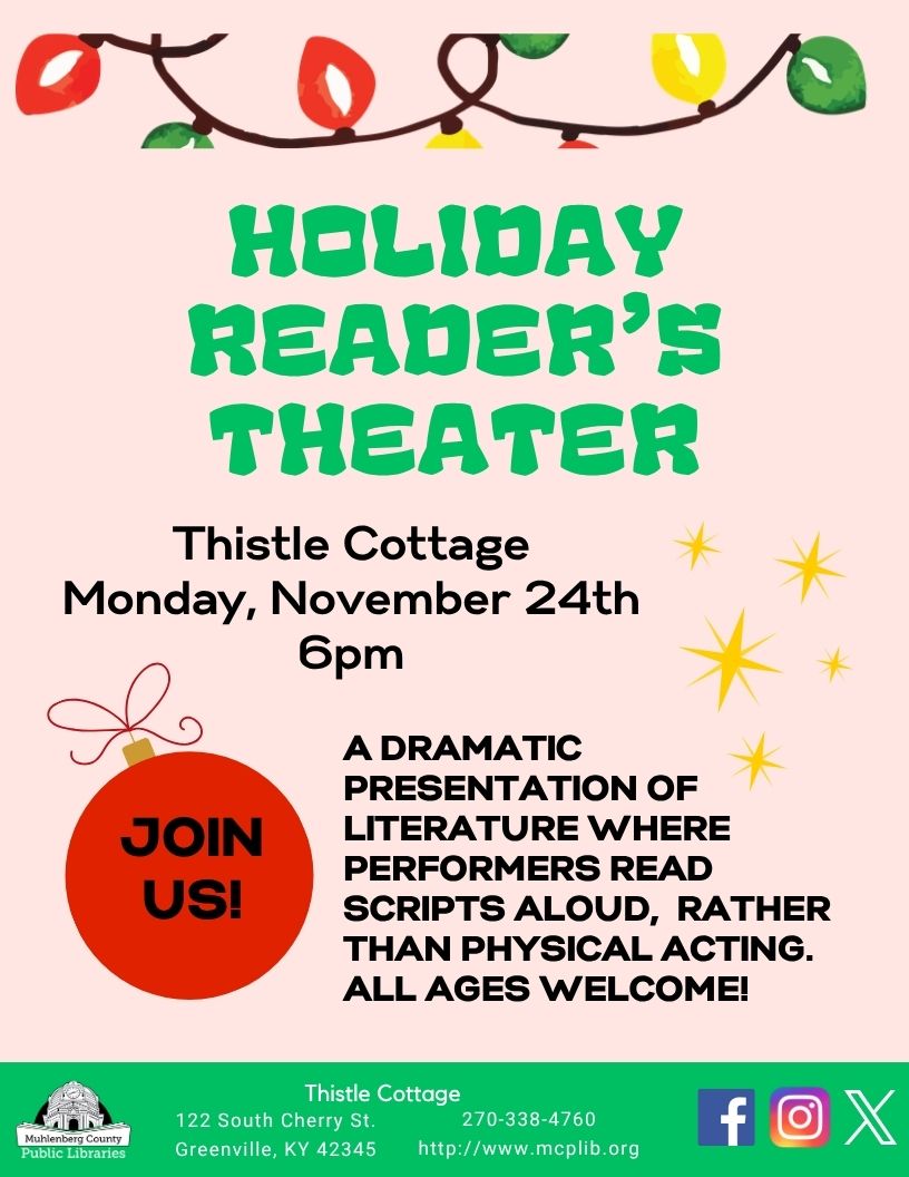 mcplib's tweet image. Don&apos;t forget about our special Holiday Reader&apos;s Theater tomorrow! Join us at Thistle Cottage @ 6 p.m. for a dramatic reading activity. No shame or judgment, just lots of fun!
Scripts will be provided. Bring your friends &amp;amp; family and help us bring a piece of literature to life!