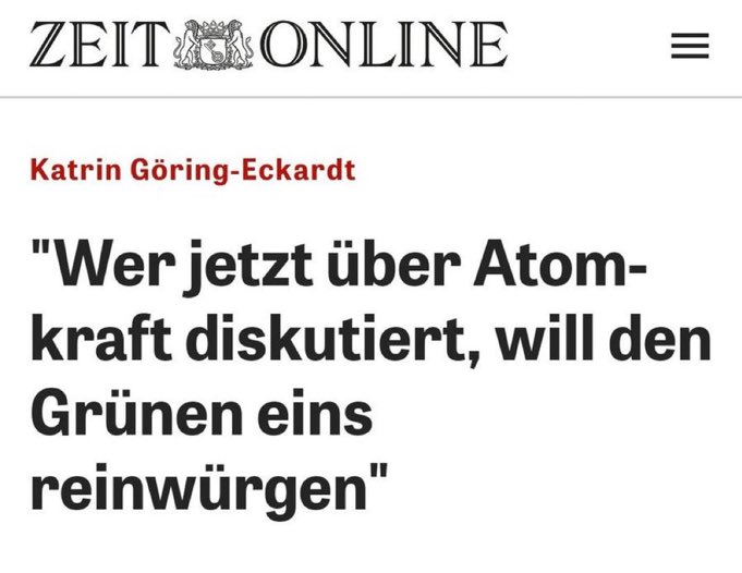 Da hat Frau Göring-Eckart recht.
Unter der Unions-geführten Bundesregierung wurden fast sämtliche Atomkraftwerke abgestellt und jetzt glorifiziert man sie uns beschuldigt die Grünen. 🤡
Die CDU ist die parteigewordene Volksverarsche.