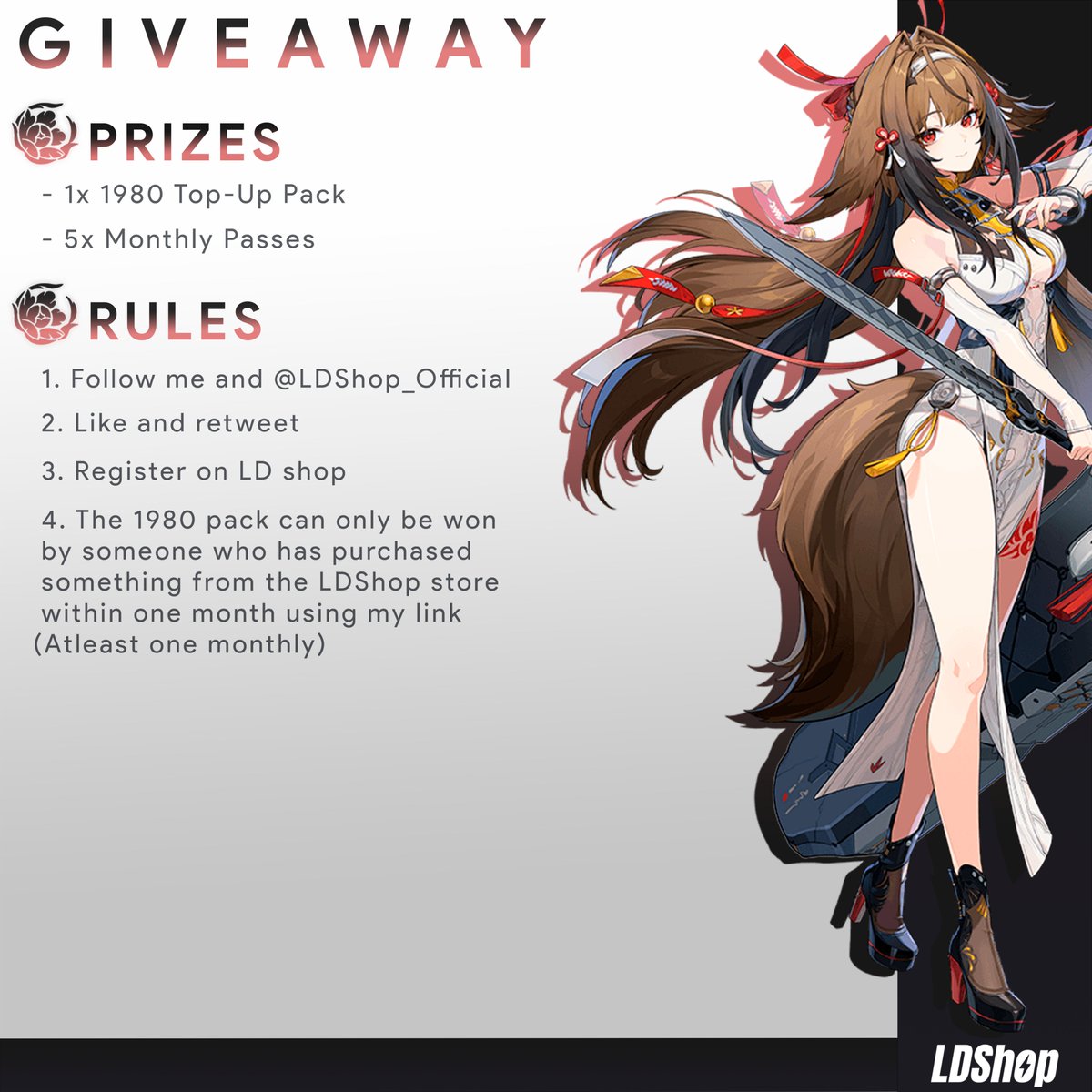 [ Giveaway 🎉 ]  

- x1 1980 Top-Up Pack
- x5 Monthly Passes

Huge giveaway this week thanks to <a href="/LDShop_Official/">LDShop.gg</a>!

If you're saving for upcoming characters, this is the perfect chance. ❤️

Available for HSR / GI / ZZZ / WW. 
Good luck everyone!