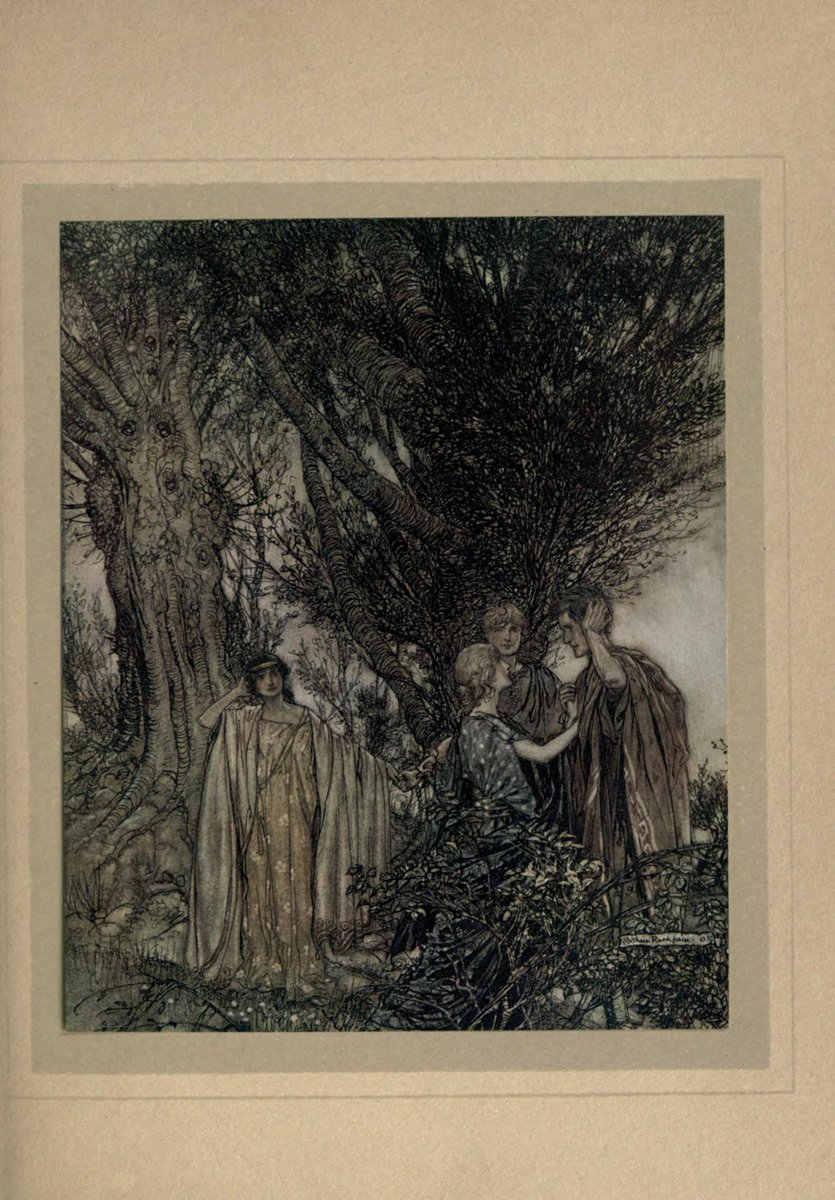 #ShakespeareSunday 
<a href="/internetarchive/">Internet Archive</a> 

A Midsummer Night's Dream - Act IV, Scene 1

Demetrius. 
"Are you sure
That we are awake?"

Illustration by Arthur Rackham (1908)
archive.org/details/midsum…