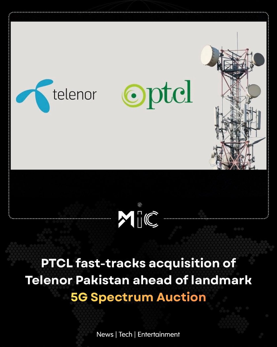 mictechofficiaI's tweet image. PTCL is finalizing its takeover of Telenor Pakistan as PTA reviews the merger. The move puts PTCL in a strong position for the upcoming 5G auction and could reshape the telecom market.

#TechMerge #5GReady #TelecomUpdate #mictech #micnews
