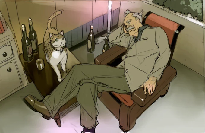 20251124 おじいちゃんと猫の絵 個人的に気に入ったので 軽く色をつけて あげなおしました