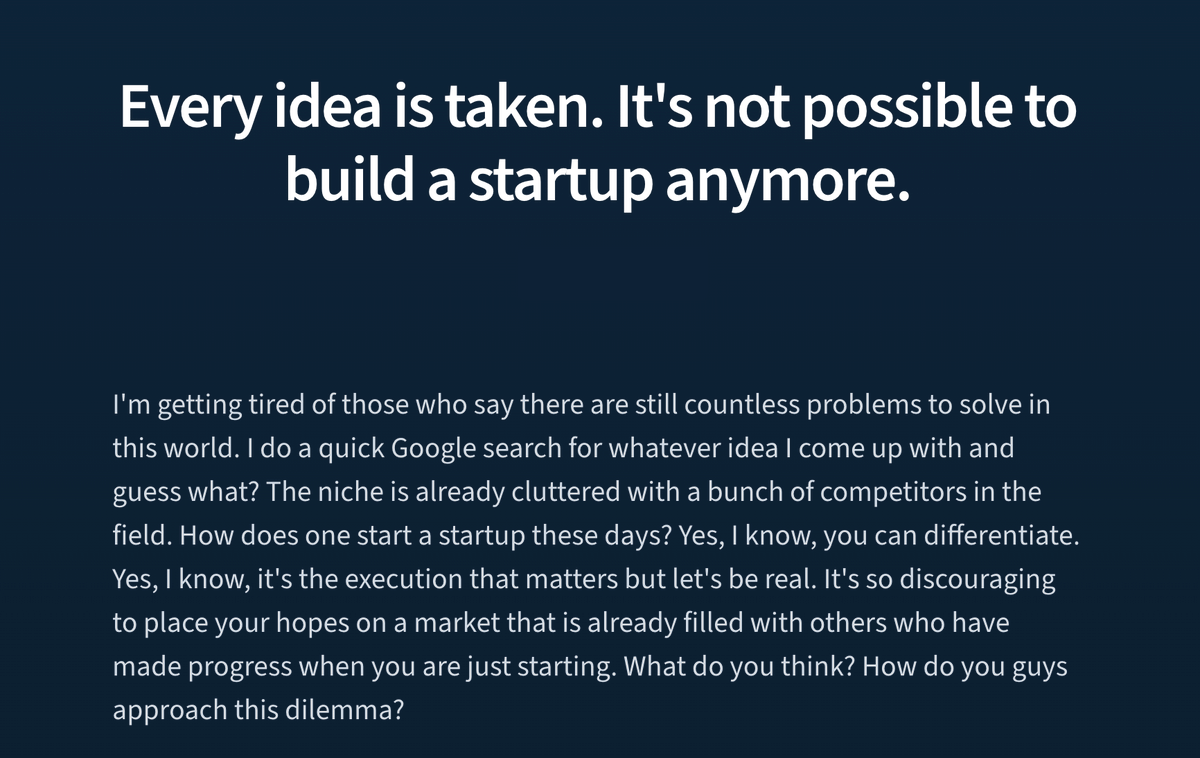 starter_story's tweet image. Bullshit.

Do it simpler.
Do it smarter.
Do it faster.
Do it better.
Do it cheaper.
Do it with AI.
Do it in a new country.
Do it with better design.
Do it automated.
Do it personalized.
Do it with a social mission.
Do it sustainably.
Do it w/ top-notch service.
Do it on…