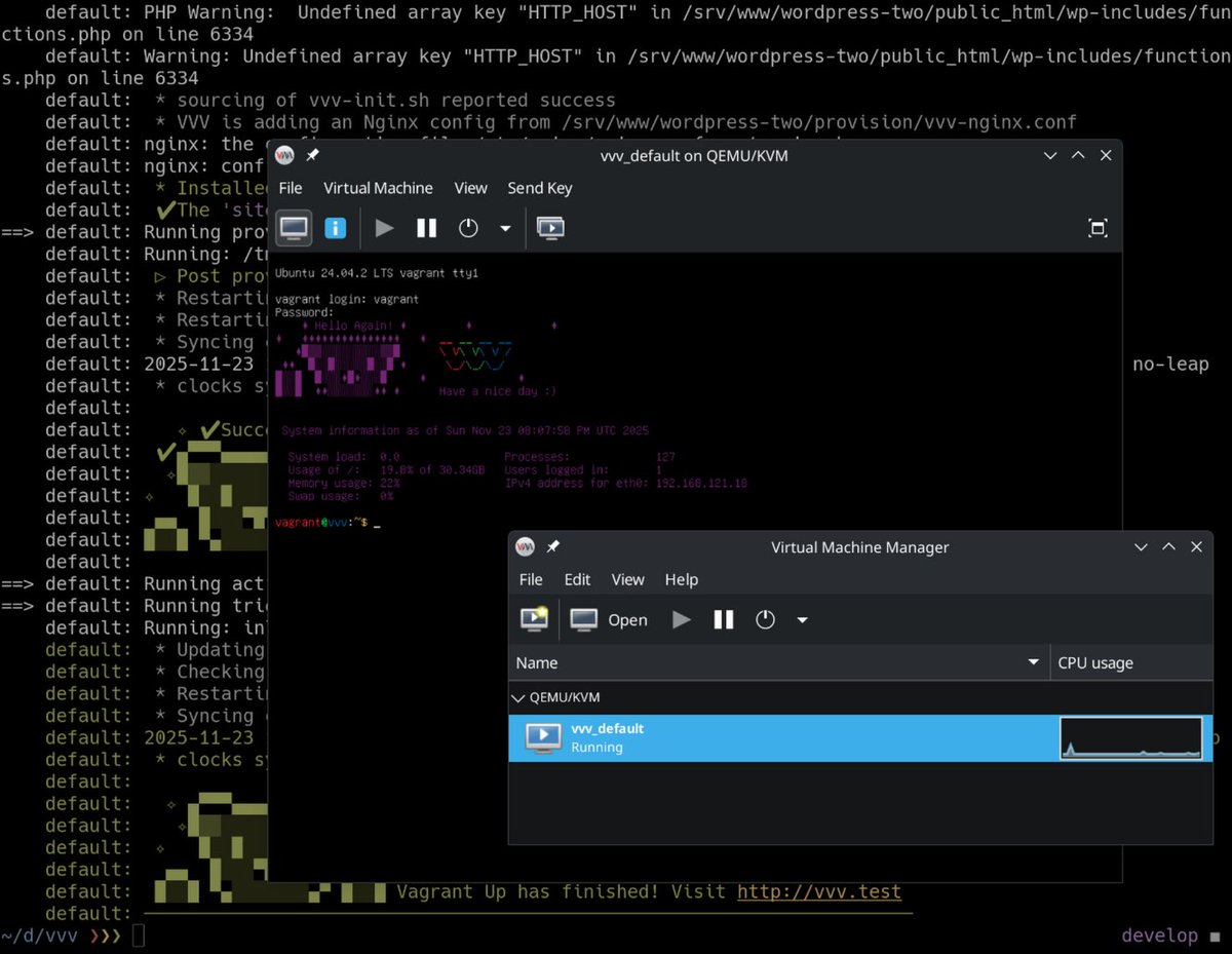 jasalt_'s tweet photo. Feeling adventurous after new OS version installation and attempting to drop VirtualBox for running WordPress development environments (https://t.co/lmqALZTCa0). Now it's running in QEMU/KVM with libvirt which is less of a black box and works straight out of Debian apt repo,🤞. https://t.co/82q6WFsA4q