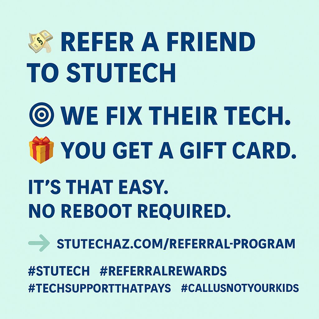 StuTechAZ's tweet image. 💸 Refer a friend to StuTech.
🎯 We fix their tech.
🎁 YOU get a gift card.

It’s that easy. No reboot required.
👉 zurl.co/ROkS0

#StuTech #ReferralRewards #TechSupportThatPays #CallUsNotYourKids