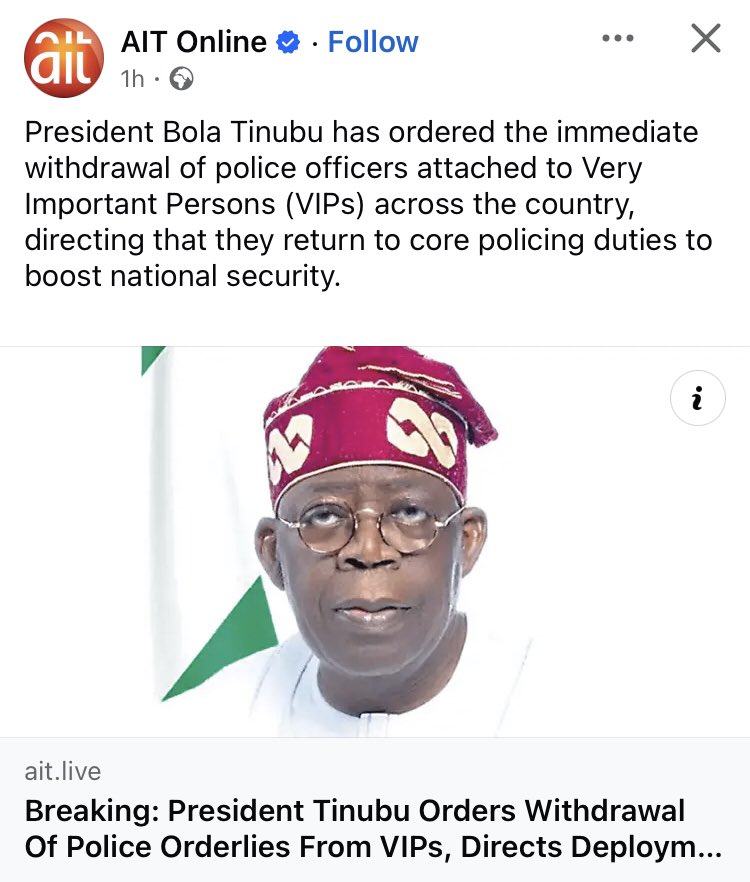 RealDoctorBarn's tweet image. President Bola Tinubu has ordered the immediate withdrawal of police officers attached to Very Important Persons (VIPs) across the country, directing that they return to core policing duties to boost national security.