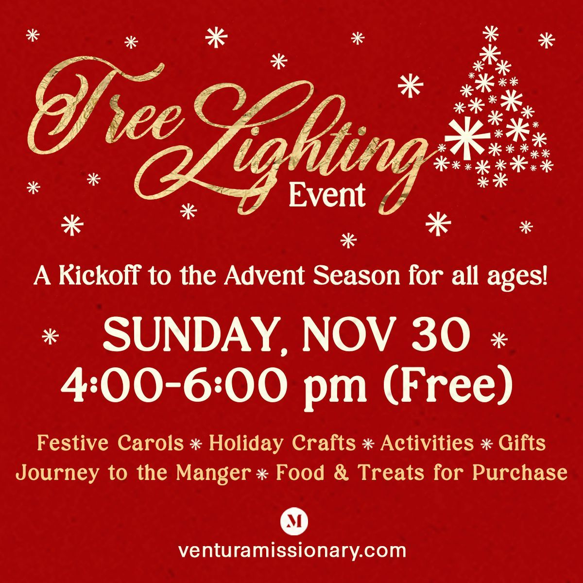 HelloMissionary's tweet image. Guess what incredible evening is just 1 week away! Our Tree Lighting event for all ages on November 30 will help you kick off the advent season right - with tons of free fun at the Pre-Party from 4:00-5:00 pm…crafts, carols, gifts, Journey to the Manger, cake walk, and more!