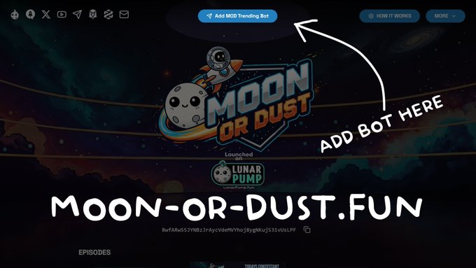 Moon or Dust Trending LIVE Monday to Friday 📽️

Install the Telegram Trending bot at moon-or-dust.fun and get your community voting to be highlighted 🎫

Hit the top spot and do a deep dive LIVE on the show like the projects below 👇