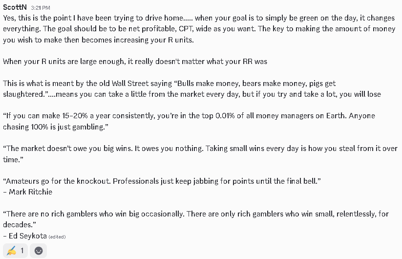 Switterman's tweet photo. ** Trading Tip **

End goal should always just to be 🟩 green. 

Yes, flashing big PnL and huge RR is nice, but it's secondary to being consistently profitable. 

The attached was my same response to 2 different traders today. 

#TradingTips https://t.co/rHos6Eq07j