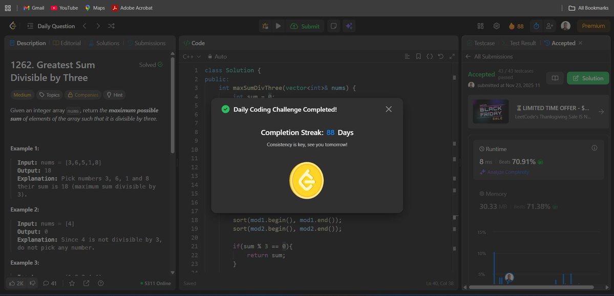 shakish15564's tweet image. Operation 21: Build &amp;amp; Shine ✨
Day 6 of Week 21 🚀

Today&apos;s Progress ✅
- Solved LeetCode #1262
- Worked a little on the SIH 2025 solution
- Faced multiple app errors and Android Studio malfunctions, which reduced productivity

#BuildAndShine #AndroidStudio #CodeWithShakish
