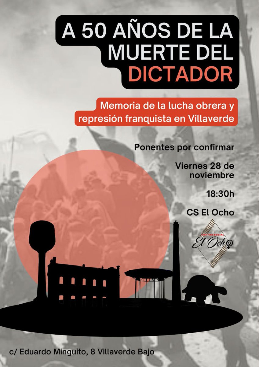 Memoria de la lucha obrera y represión franquista en #Villaverde

🗓️ Viernes 28 a las 18:30h

A 50 años de la muerte de Franco contaremos con militantes que vivieron la represión del movimiento obrero y vecinal durante la dictadura y la transición

✊ Porque fueron, somos ✊