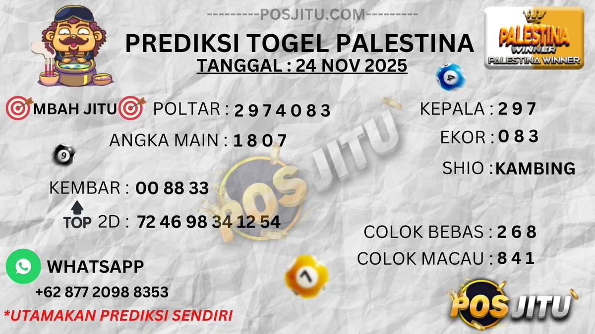 Posjitu168's tweet photo. PREDIKSI PALESTINA, 24 November 2025 💥Minimal Deposit : 5.000 📷 JP BERAPAPUN DI BAYAR 📷https://t.co/wP7EXyI7ub #posjitu #prediksitogelmekah #bandartogelonlineterpercaya https://t.co/bWtX0rPzSi